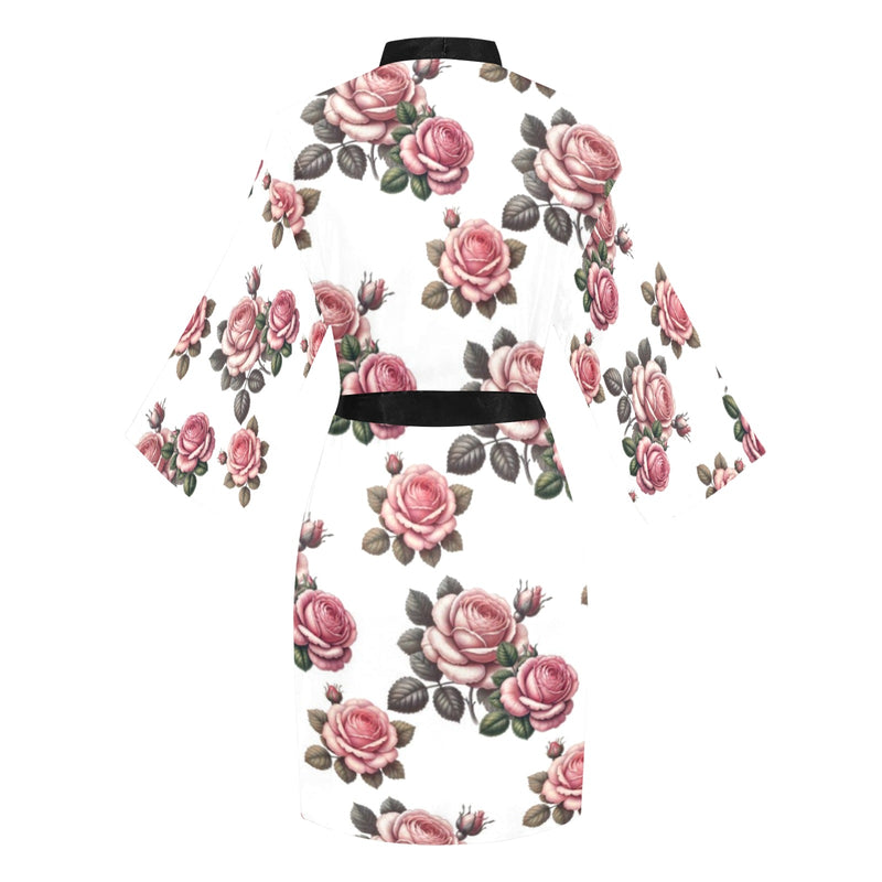 white back pink rose print Long Sleeve Kimono Robe