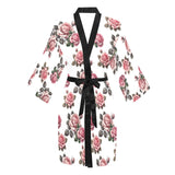 white back pink rose print Long Sleeve Kimono Robe