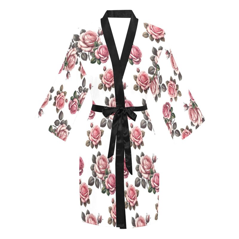 white back pink rose print Long Sleeve Kimono Robe