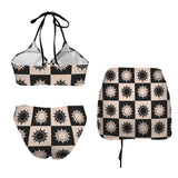 solar grid print Drawstring Halterneck Three-Piece Swimsuit Skirt