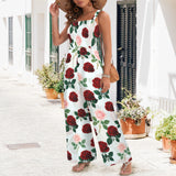 roses print pink red print Sleeveless Wide Leg Pocket Long Jumpsuit