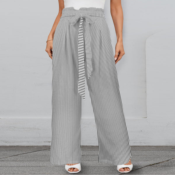 striped bw print 2 Strappy Elastic Waist Wide Leg Pants with Pockets