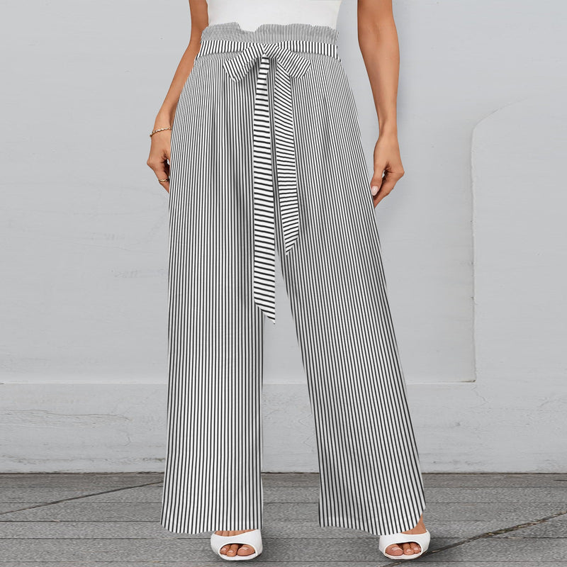 striped bw print 2 Strappy Elastic Waist Wide Leg Pants with Pockets
