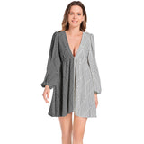 Lantern Sleeve Deep V-Neck Short Dress