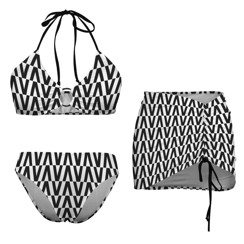 It Comes In Black Drawstring Halterneck Three-Piece Swimsuit Skirt