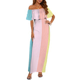 striped print colorful 2A Women's Off Shoulder Ruffle Boat Neck Dress (Model D71)