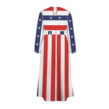Stars and Stripes Round Neck Long Sleeve Belted Maxi Dress