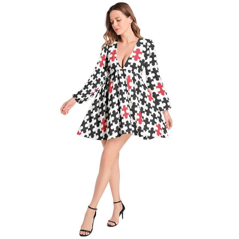 Lantern Sleeve Deep V-Neck Short Dress