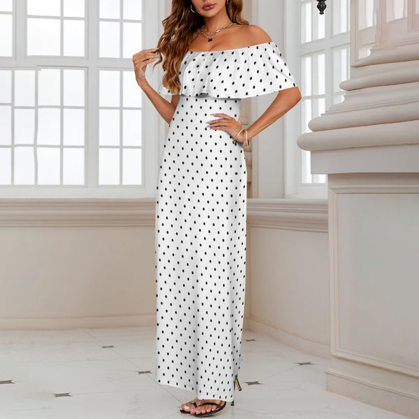 blk wht polka dot print small print Women's Off Shoulder Ruffle Boat Neck Dress (Model D71)