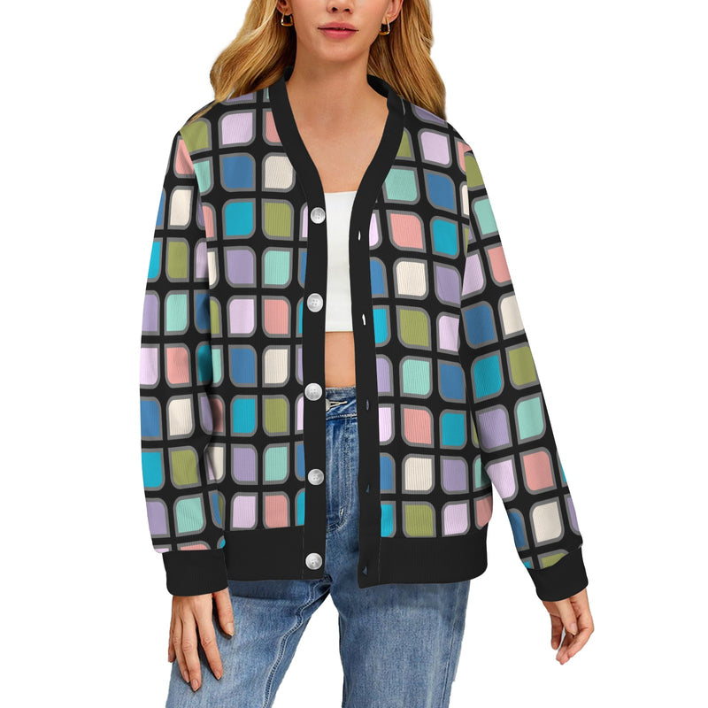 corner square print 9 Women's Ribbed Cardigan (Model H73)