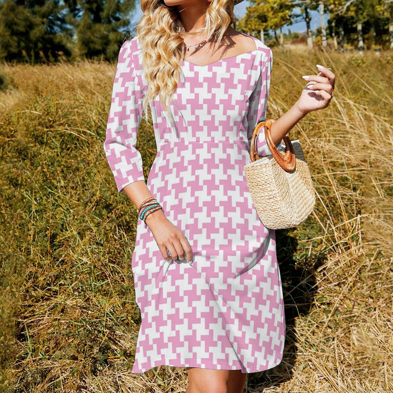 pink houndstooth dress 34" Quarter-zip Sleeveless For Women Stay comfortable and stylish with our Pink Houndstooth Quarter Self-Portrait - Pink Lurex Knitted