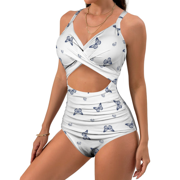 delft blue monarch butterfly print Women's Twist Front Tie Back Swimsuit (Model S57)