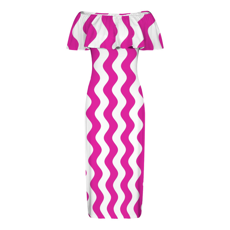 fuchsia wavy print Women's Off Shoulder Ruffle Boat Neck Dress (Model D71)