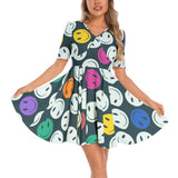 Short Sleeve Ruched Bust Flared Hem Dress