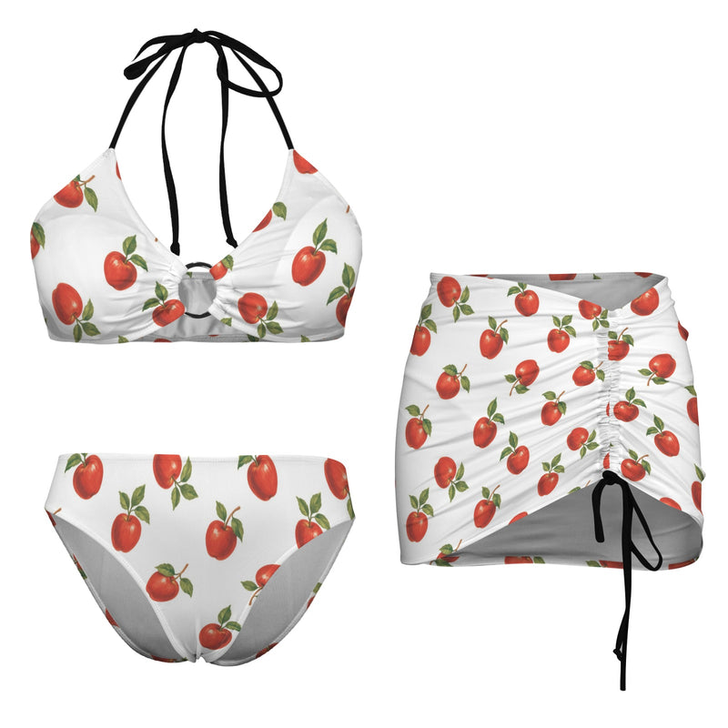 apples swimwear print Drawstring Halterneck Three-Piece Swimsuit Skirt