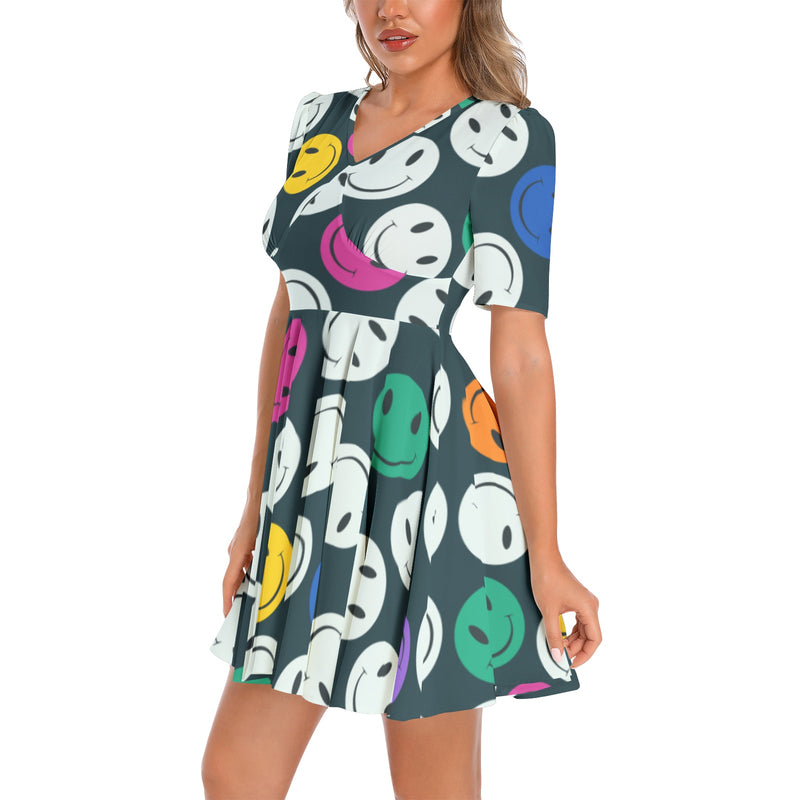 Short Sleeve Ruched Bust Flared Hem Dress