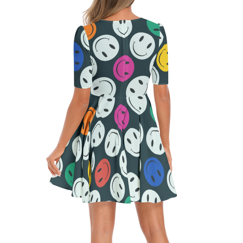 Short Sleeve Ruched Bust Flared Hem Dress