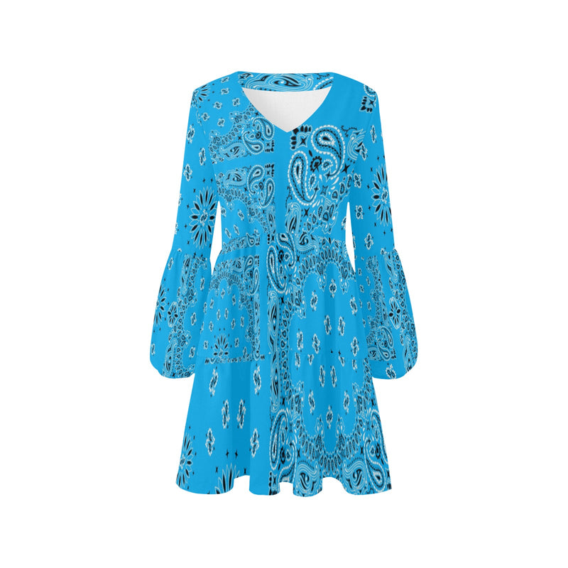 lt blue bandana print 2A V-Neck Loose Fit Dress (Model D62)
