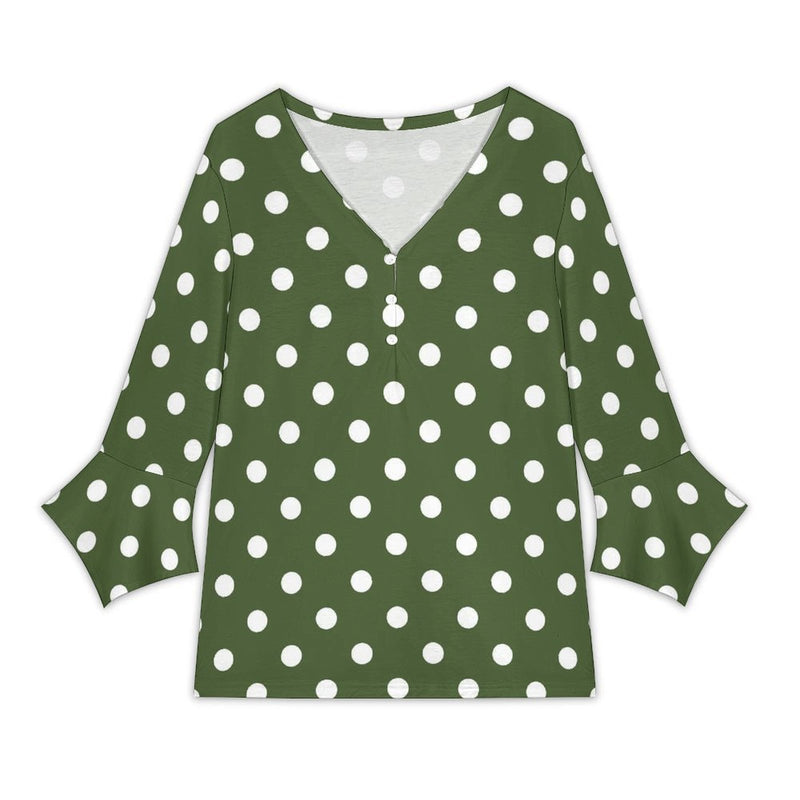 Polka Dot V-Neck Petal Sleeve Blouse