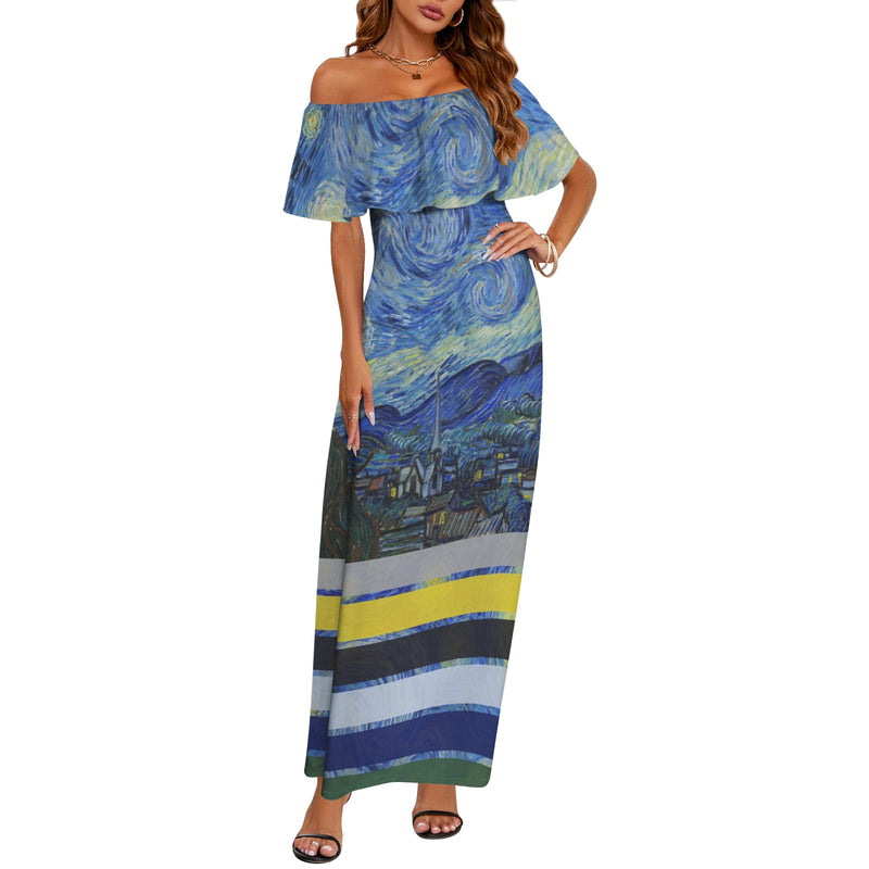 striped 3 starry night van gogh scarf Women's Off Shoulder Ruffle Boat Neck Dress (Model D71)