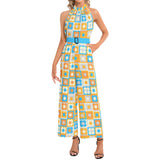 Retro Petals Halter Neck Buckle Belted Jumpsuit
