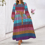 multicolored snakeskin Round Neck Long Sleeve Belted Maxi Dress