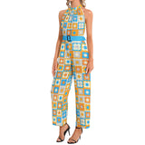 Retro Petals Halter Neck Buckle Belted Jumpsuit