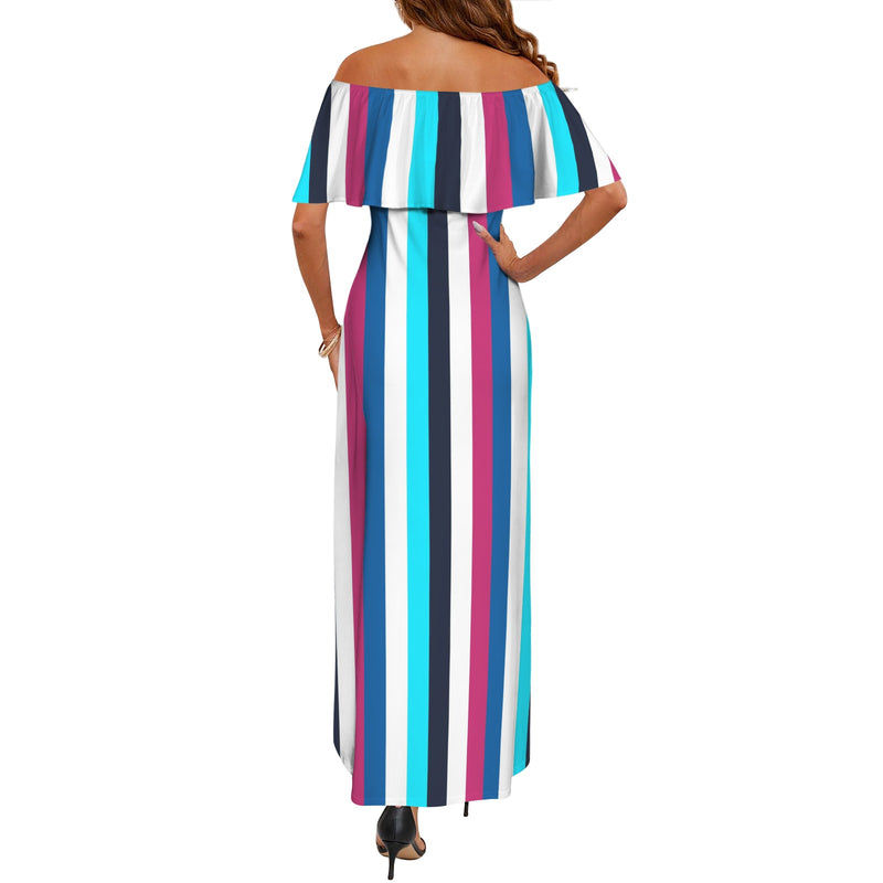 barcode color bar print 5b Women's Off Shoulder Ruffle Boat Neck Dress (Model D71)