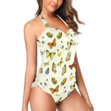 large butterfly print shadowed Women's Halter Neck Gather Chest Swimsuit (Model S52)