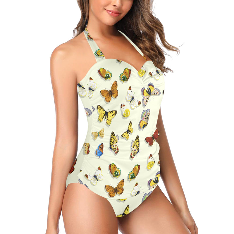 large butterfly print shadowed Women's Halter Neck Gather Chest Swimsuit (Model S52)