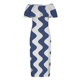 delft blue monarch butterfly print Women's Off Shoulder Ruffle Boat Neck Dress (Model D71)