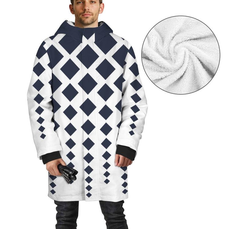 dk blue print 10K Men's Mid-Length Hooded Coat (Model H69)