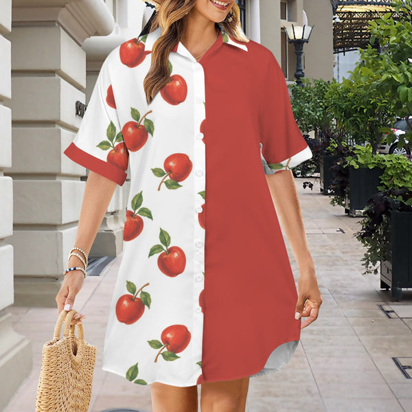apples swimwear print Short Sleeve Button Front Shirt Dress