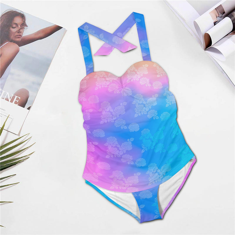 ombre random 2 print Women's Halter Neck Gather Chest Swimsuit (Model S52)