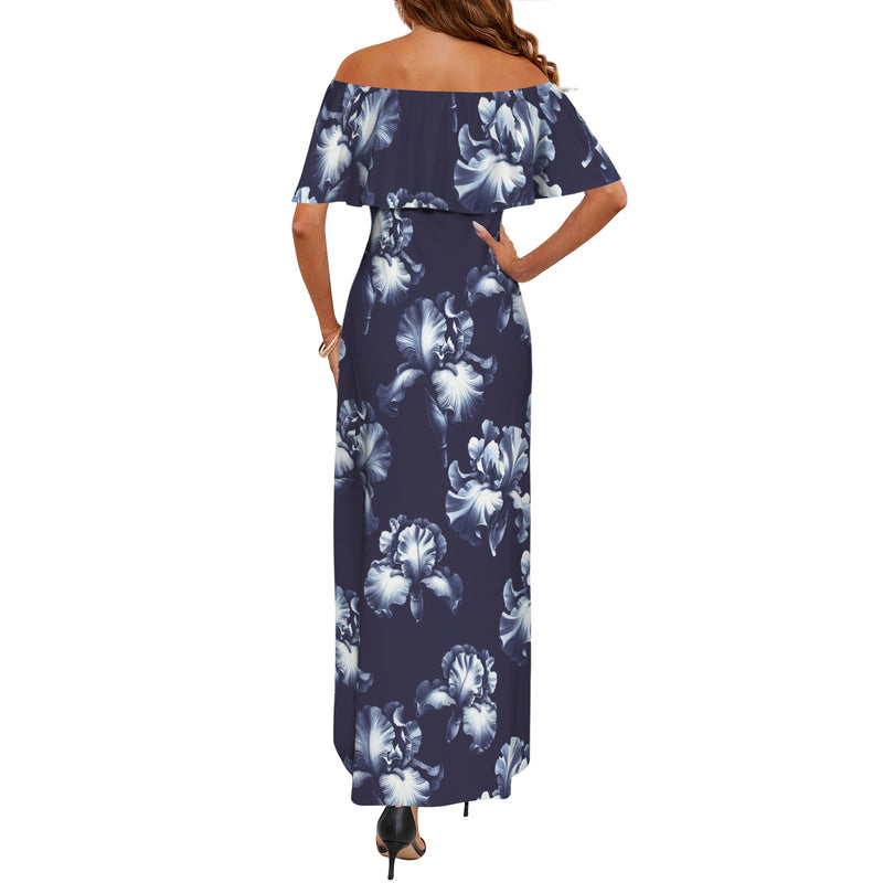 iris print dk print Women's Off Shoulder Ruffle Boat Neck Dress (Model D71)