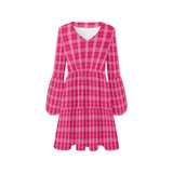 pink plaid print 2B V-Neck Loose Fit Dress (Model D62)