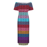 multicolored snakeskin Women's Off Shoulder Ruffle Boat Neck Dress (Model D71)