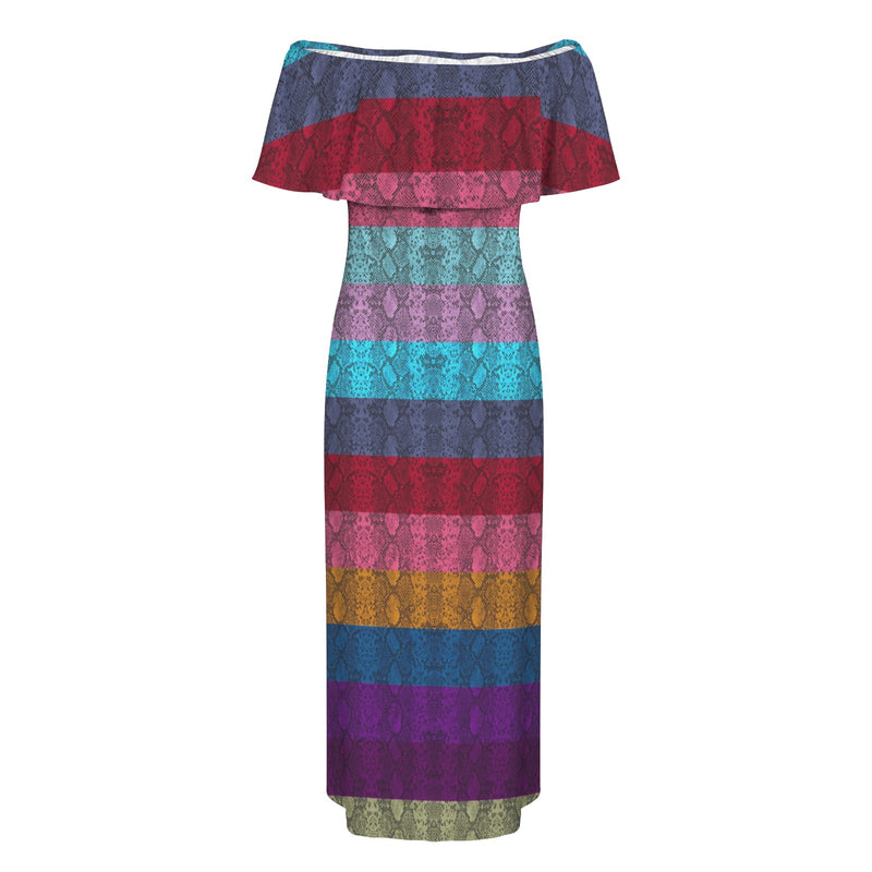 multicolored snakeskin Women's Off Shoulder Ruffle Boat Neck Dress (Model D71)