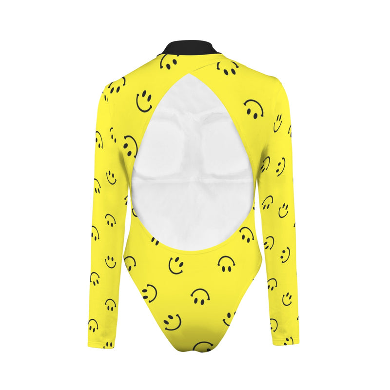 black solid print skirt Backless Long Sleeve One-Piece Swimsuit (Model S60)