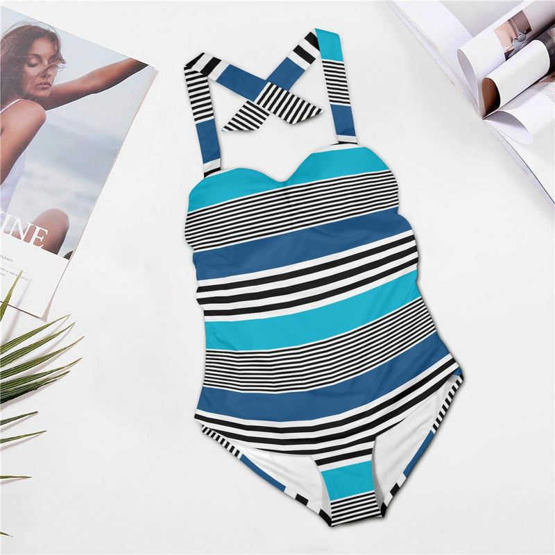 shades of blue bw stripe Women's Halter Neck Gather Chest Swimsuit (Model S52)