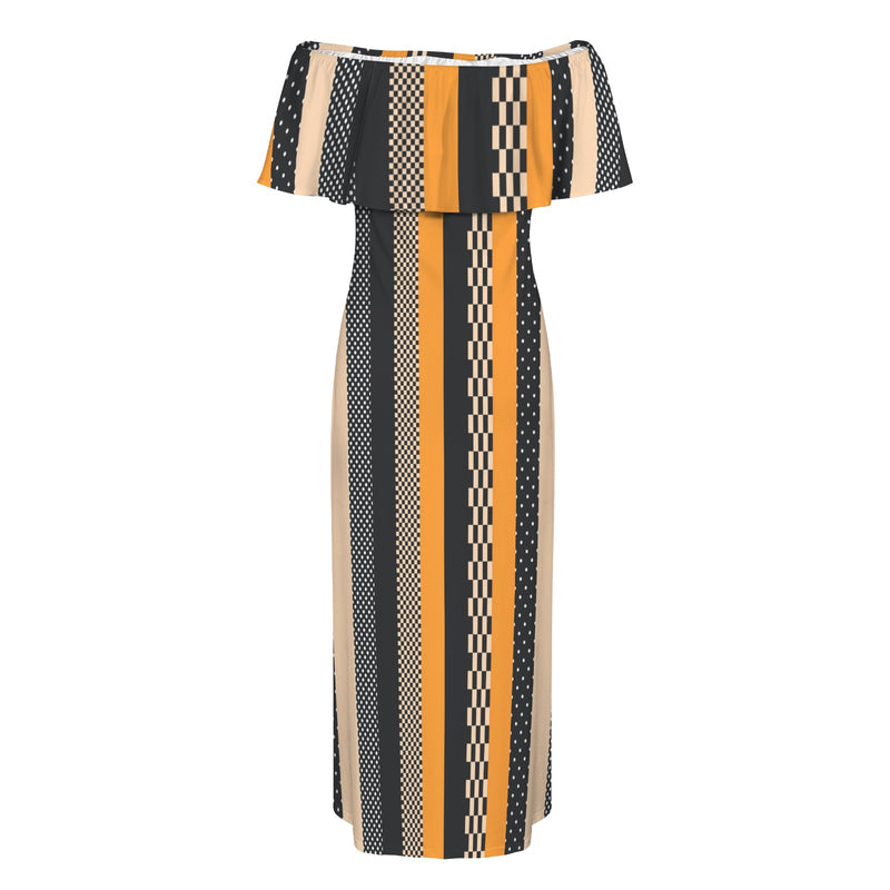 eclectic stripe print Women's Off Shoulder Ruffle Boat Neck Dress (Model D71)