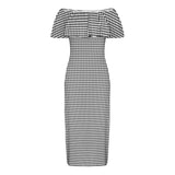 white dot print 2B Women's Off Shoulder Ruffle Boat Neck Dress (Model D71)