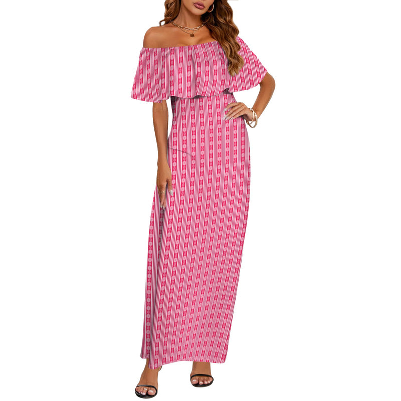 floral heart stripes print Women's Off Shoulder Ruffle Boat Neck Dress (Model D71)