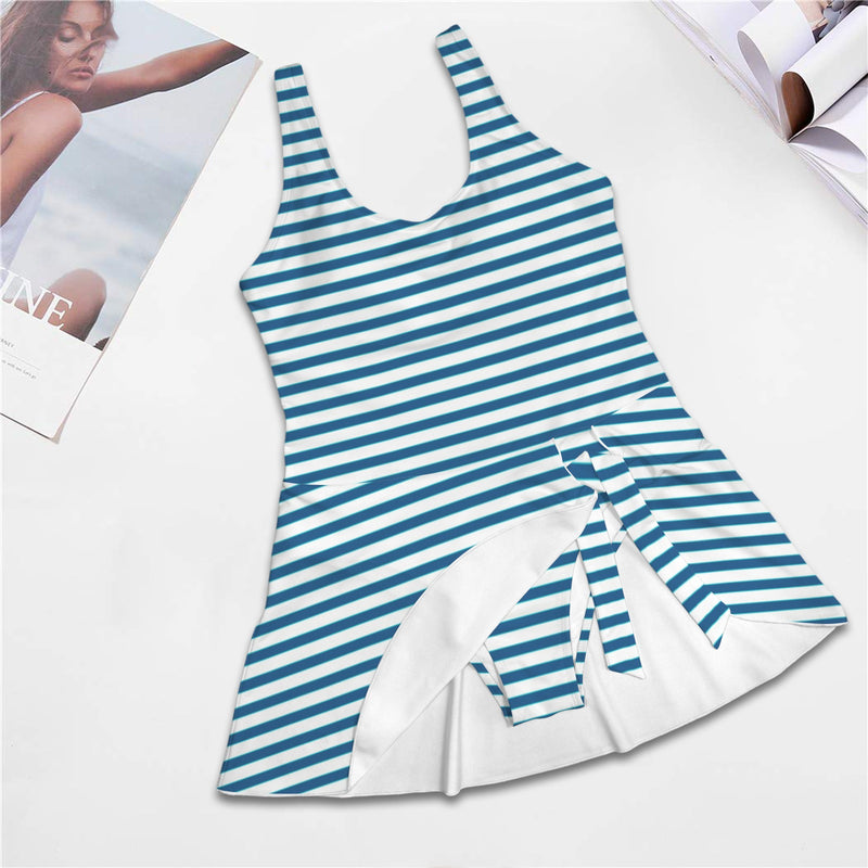 swimsuit striped print 2 Women's One Piece Skirted Swimsuit (Model S54)