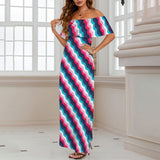 biased herr color print Women's Off Shoulder Ruffle Boat Neck Dress (Model D71)