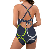 rings white print Women's Twist Front Tie Back Swimsuit (Model S57)