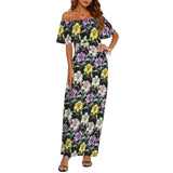 lily print 2A D Women's Off Shoulder Ruffle Boat Neck Dress (Model D71)
