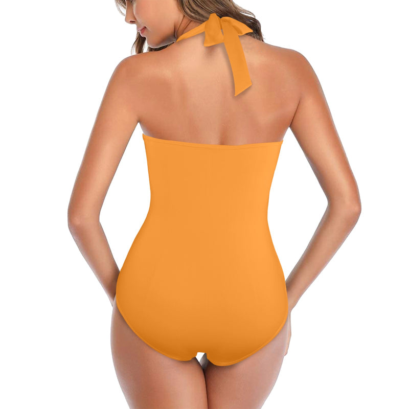 flaming orange print Women's Halter Neck Gather Chest Swimsuit (Model S52)