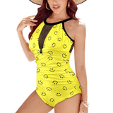 black solid print skirt Women's High Neck Plunge Mesh Ruched Swimsuit (S43)