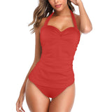 crimson2 Women's Halter Neck Gather Chest Swimsuit (Model S52)